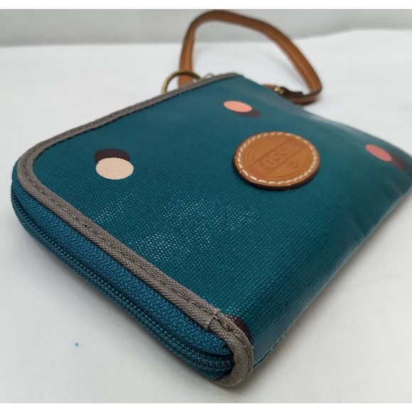 Fossil Blue Coated Canvas Polka Dot Zipper Wristlet - Coin Wallet - Picture 7 of 11